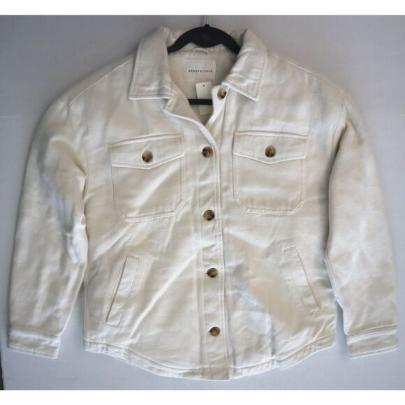 Aeropostale 9569 Women's Sz S Ivory Flannel Sherpa-Lined Shirt Jacket Shacket - Picture 9 of 10